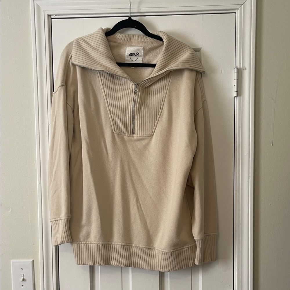 Aerie Cream Zip-Up Sweater